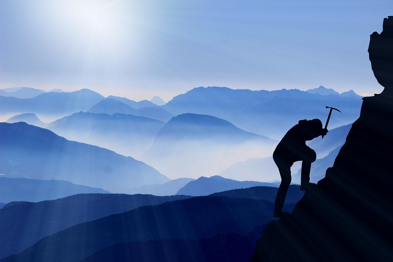climb, mountaineering, mountains, mountain ranges, mountaineer, mountain climber, mountain climbing, cliffs, silhouette, rock formations, ice ax, summit, nature, sunrise, sunbeam