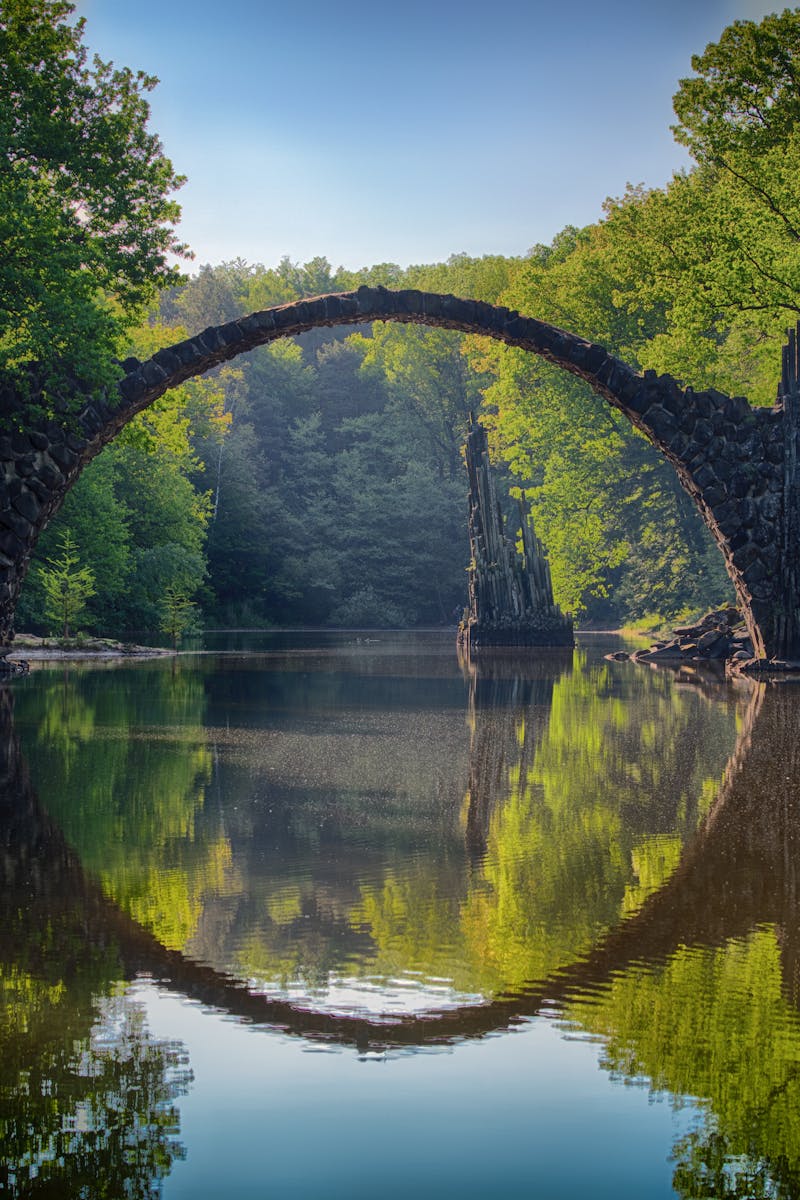 Capture of the iconic Rakotzbrücke reflecting in calm waters amidst lush greenery in Germany.